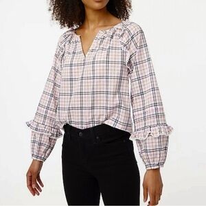 J. Crew Plaid Ruffle Trim Peasant Top Warm Ivory Rose - Size M